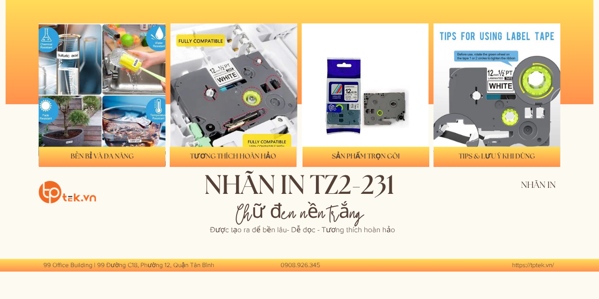 Nhãn in TZ2-231, Chữ đen nền trắng Nhãn in TZ2-231, Chữ đen nền trắng